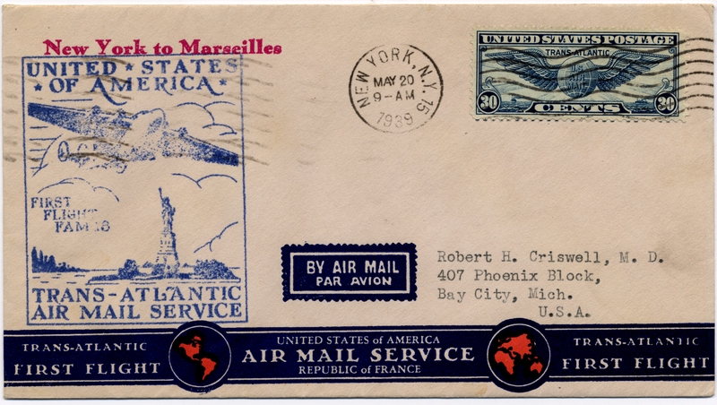 Image: airmail flight cover: Pan American Airways, FAM-18, first airmail flight, New York - Marseilles route
