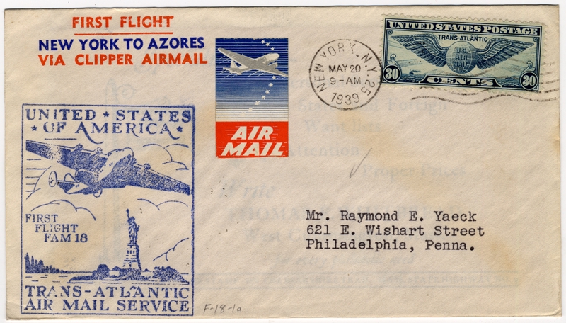 Image: airmail flight cover: Pan American Airways, FAM-18, first airmail flight, New York - Horta route