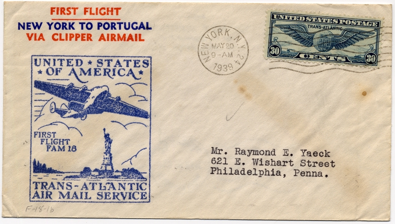 Image: airmail flight cover: Pan American Airways, FAM-18, first airmail flight, New York - Lisbon route