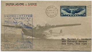 Image: airmail flight cover: Pan American Airways, FAM-18, first airmail flight, New York - Lisbon route