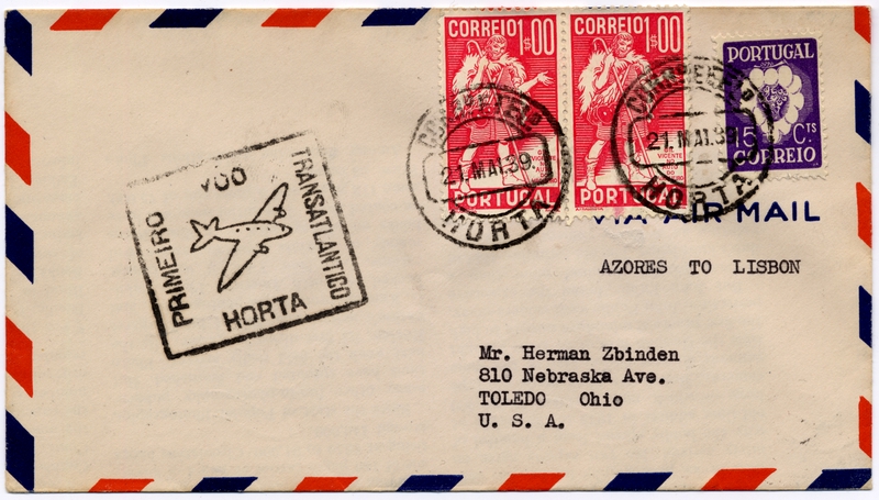 Image: airmail flight cover: Pan American Airways, FAM-18, first airmail flight, Horta - Lisbon route