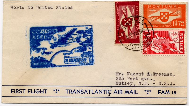 Image: airmail flight cover: Pan American Airways, FAM-18, first airmail flight, Horta - New York route