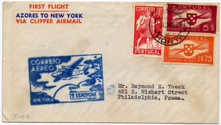 Image: airmail flight cover: Pan American Airways, FAM-18, first airmail flight, Horta - New York route