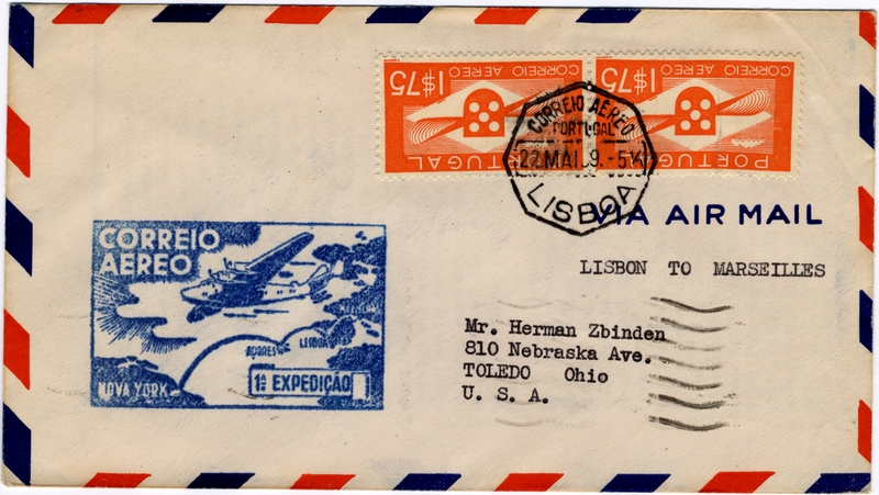 Image: airmail flight cover: Pan American Airways, FAM-18, first airmail flight, Lisbon - Marseilles route