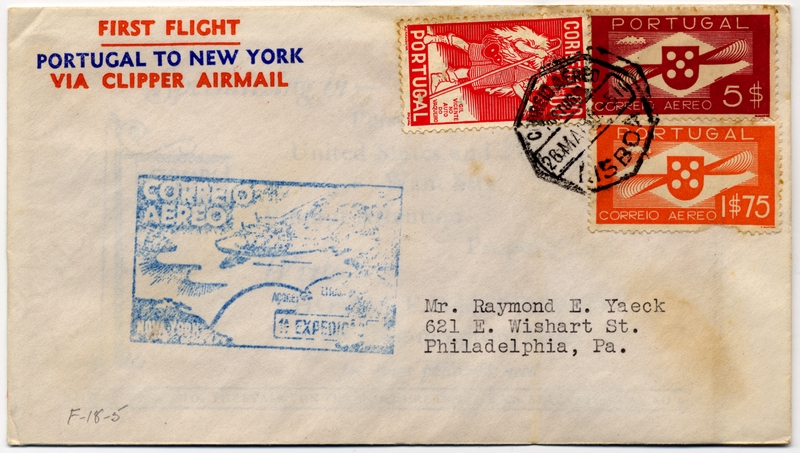Image: airmail flight cover: Pan American Airways, FAM-18, first airmail flight, Lisbon - New York route