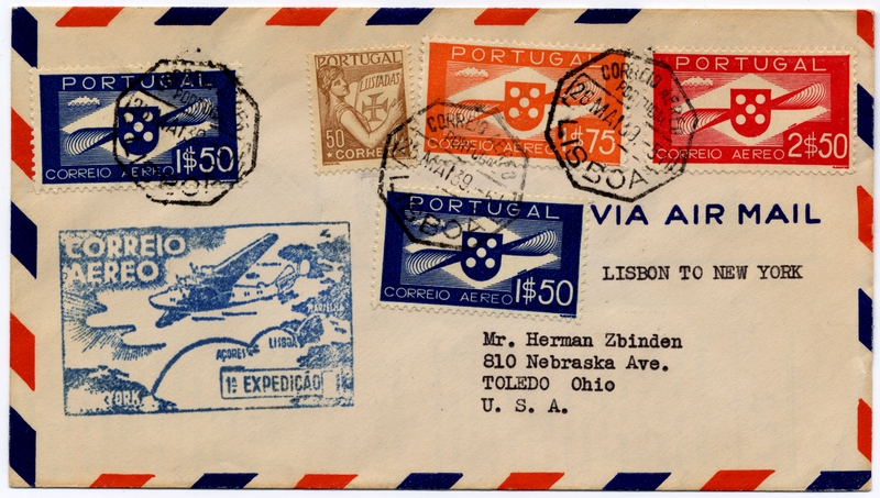 Image: airmail flight cover: Pan American Airways, FAM-18, first airmail flight, Lisbon - New York route
