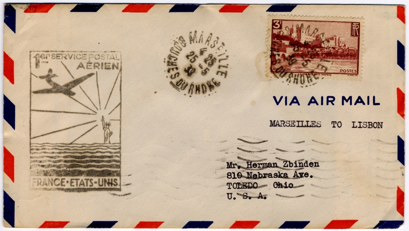 Image: airmail flight cover: Pan American Airways, FAM-18, first airmail flight, Marseilles - Lisbon route