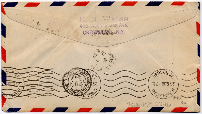 Image: airmail flight cover: Pan American Airways, FAM-18, first airmail flight, Marseilles - Lisbon route