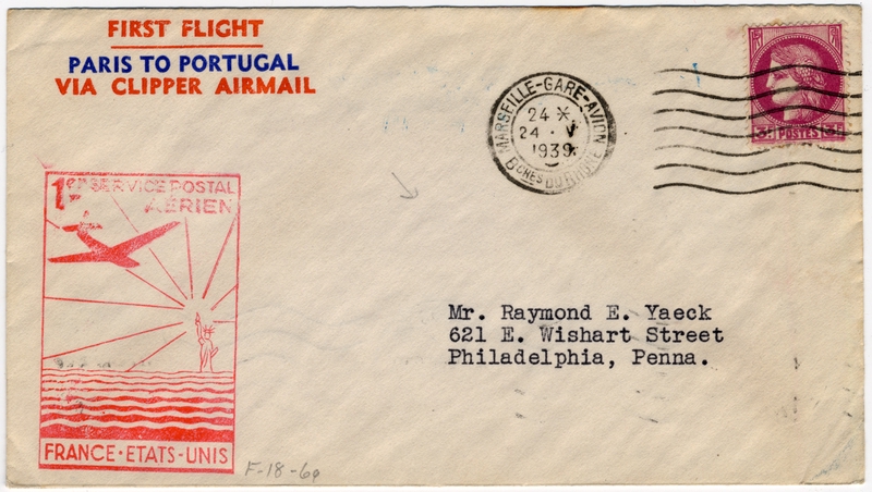 Image: airmail flight cover: Pan American Airways, FAM-18, first airmail flight, Marseilles - Lisbon route