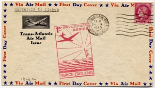 Image: airmail flight cover: Pan American Airways, FAM-18, first airmail flight, Marseilles - Lisbon route
