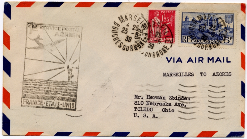 Image: airmail flight cover: Pan American Airways, FAM-18, first airmail flight, Marseilles - Horta route