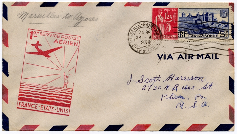 Image: airmail flight cover: Pan American Airways, FAM-18, first airmail flight, Marseilles - Horta route