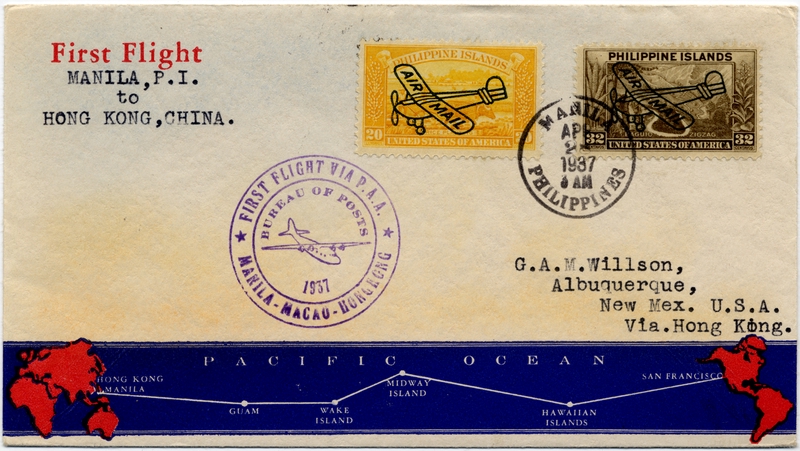 Image: airmail flight cover: Pan American Airways, first airmail flight, Manila - Hong Kong route
