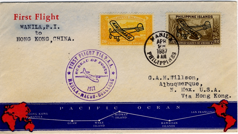 Image: airmail flight cover: Pan American Airways, first airmail flight, Manila - Hong Kong route