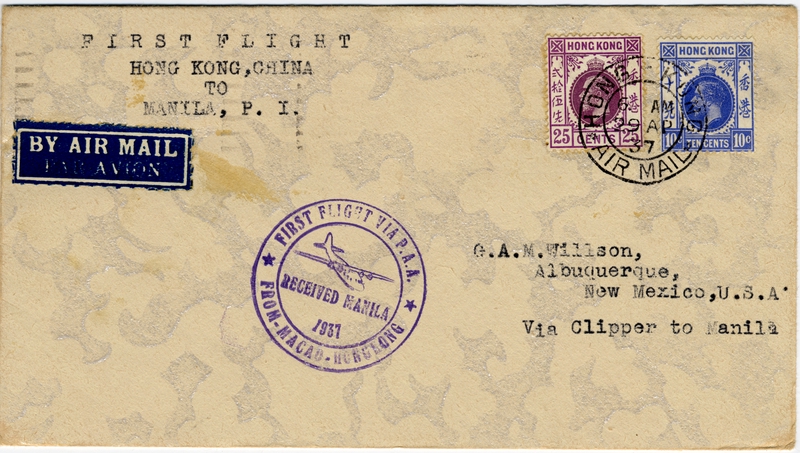 Image: airmail flight cover: Pan American Airways, first airmail flight, Hong Kong - Manila route