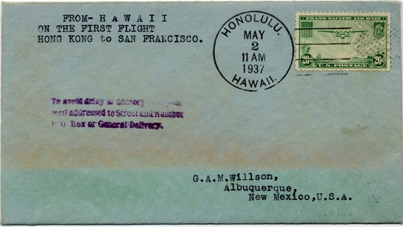Image: airmail flight cover: Pan American Airways, first airmail flight, Hawaii - Hong Kong - San Francisco route