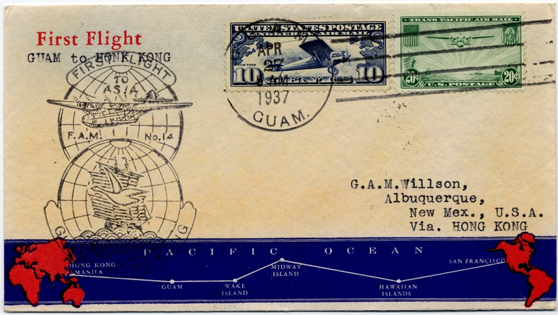 Image: airmail flight cover: Pan American Airways, FAM-14, first airmail flight, Guam - Hong Kong route