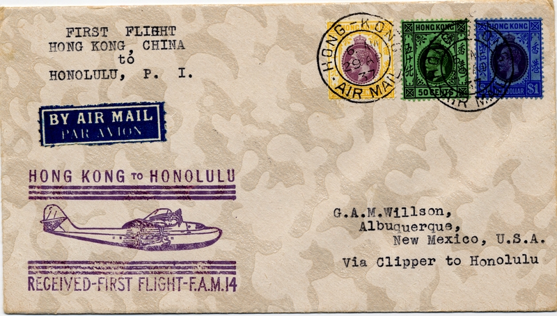 Image: airmail flight cover: Pan American Airways, FAM-14, first airmail flight, Hong Kong - Honolulu route