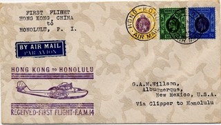 Image: airmail flight cover: Pan American Airways, FAM-14, first airmail flight, Hong Kong - Honolulu route
