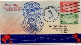 Image: airmail flight cover: Pan American Airways, FAM-14, first airmail flight, San Francisco - Hong Kong route