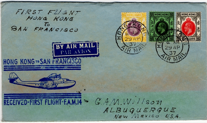 Image: airmail flight cover: Pan American Airways, FAM-14, first airmail flight, Hong Kong - San Francisco route