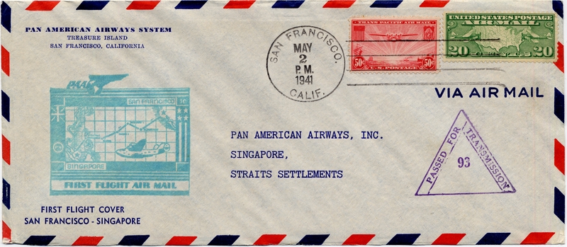Image: airmail flight cover: Pan American Airways, first airmail flight, San Francisco - Singapore route