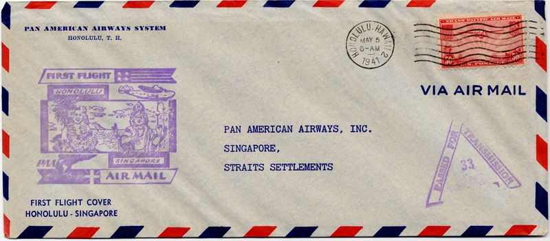 Image: airmail flight cover: Pan American Airways, first airmail flight, Honolulu - Singapore route