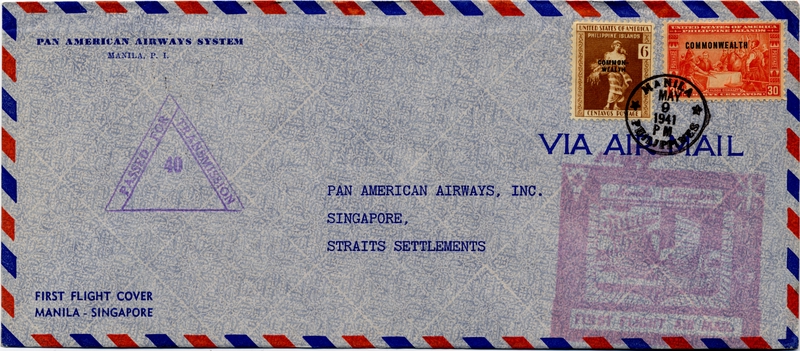 Image: airmail flight cover: Pan American Airways, first airmail flight, Manila - Singapore route