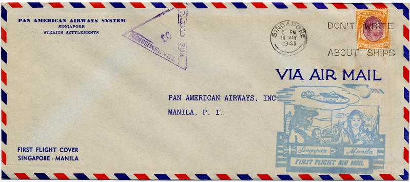Image: airmail flight cover: Pan American Airways, first airmail flight, Singapore - Manila route