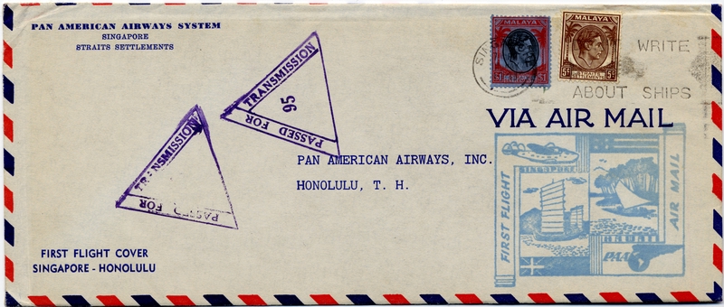 Image: airmail flight cover: Pan American Airways, first airmail flight, Singapore - Honolulu route