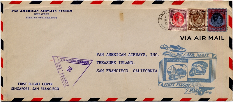Image: airmail flight cover: Pan American Airways, first airmail flight, Singapore - San Francisco route