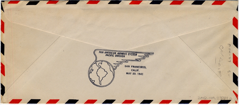 Image: airmail flight cover: Pan American Airways, first airmail flight, Singapore - San Francisco route