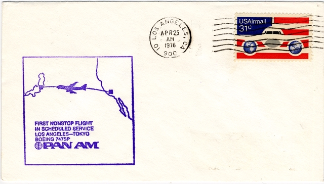 Airmail flight cover: Pan American World Airways, Boeing 747SP, Los Angeles - Tokyo route