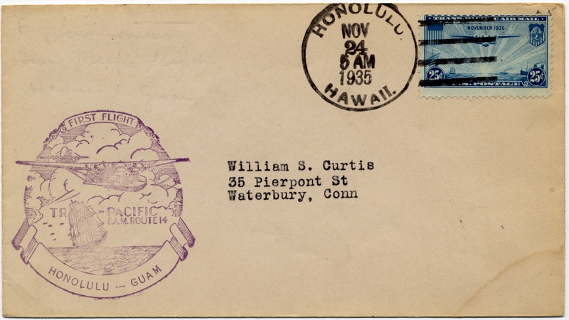 Image: airmail flight cover: Pan American Airways, FAM-14, first transpacific airmail flight, Honolulu - Guam route
