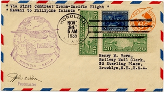Image: airmail flight cover: Pan American Airways, FAM-14, first transpacific airmail flight, Honolulu - Manila route