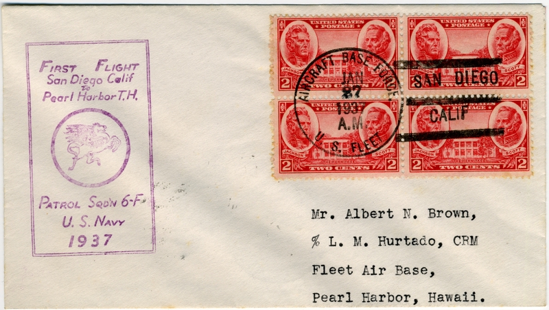 Image: airmail flight cover: First U.S. Navy San Diego - Pearl Harbor mass flight, January 28-29, 1937