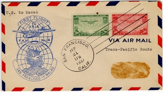 Image: airmail flight cover: Pan American Airways, FAM-14, first airmail  flight, San Francisco - Macao route