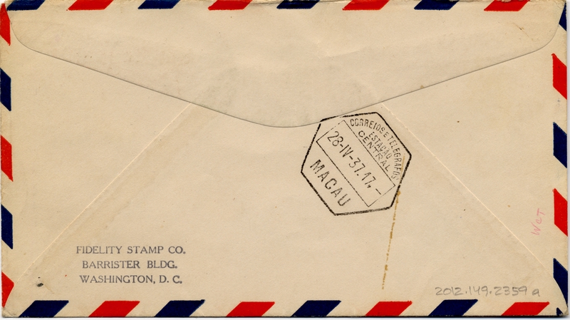 Image: airmail flight cover: Pan American Airways, FAM-14, first airmail  flight, San Francisco - Macao route