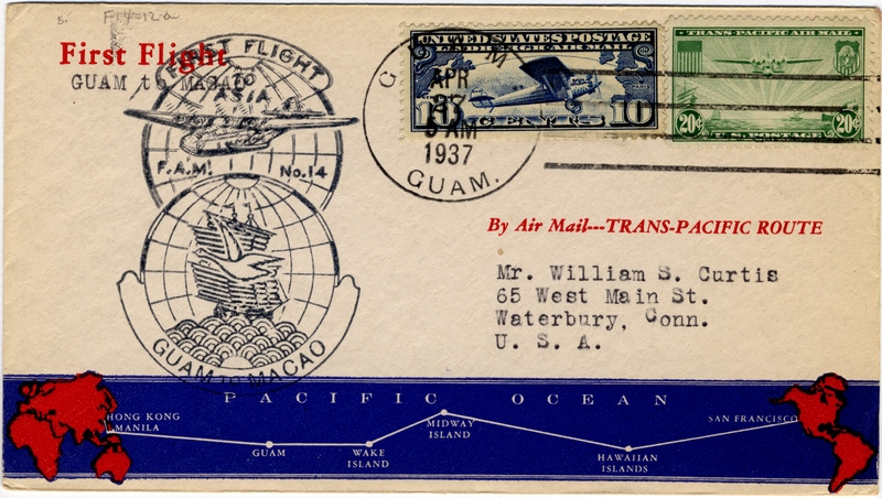 Image: airmail flight cover: Pan American Airways, FAM-14, first airmail flight, Guam - Macao route