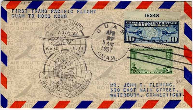 Image: airmail flight cover: Pan American Airways, FAM-14, first airmail flight, Guam - Hong Kong route