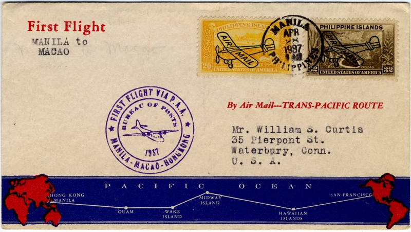Image: airmail flight cover: Pan American Airways, first airmail flight, Manila - Macao route