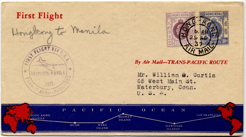 Image: airmail flight cover: Pan American Airways, first airmail flight, Hong Kong - Manila route