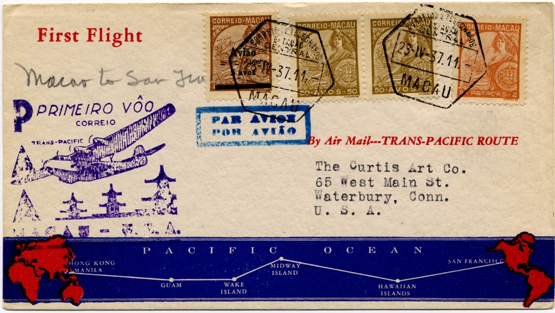 Image: airmail flight cover: Pan American Airways, first airmail flight, Macao - San Francisco route
