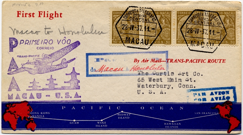 Image: airmail flight cover: Pan American Airways, first airmail flight, Macao - Honolulu route