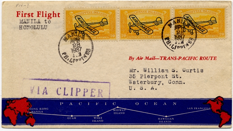 Image: airmail flight cover: Pan American Airways, first airmail flight, Manila - Honolulu route