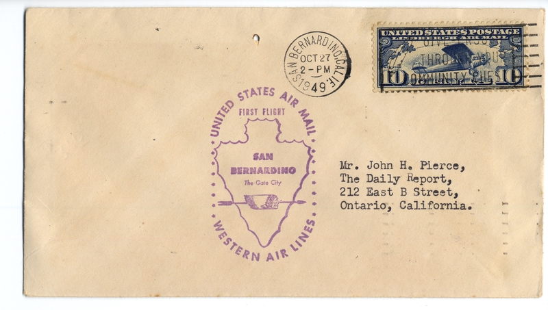 Image: airmail flight cover: Western Air Lines, first airmail flight, San Bernardino - Palm Springs
