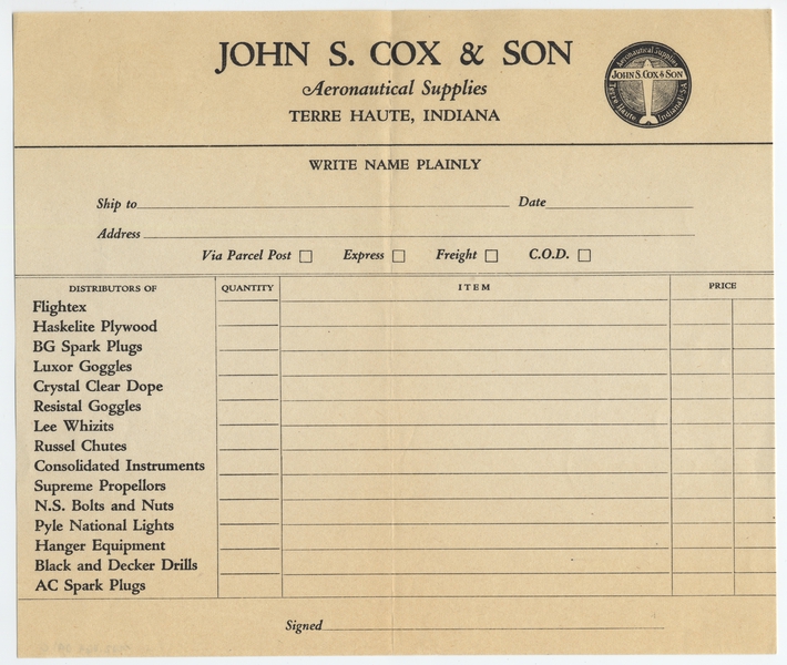Image: catalog: John S. Cox & Son, aeronautical supplies