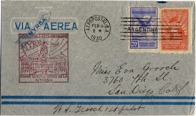Airmail flight cover: New York, Rio and Buenos Aires Line (NYRBA), first flight, Argentina to United States route, M. J. Grooch