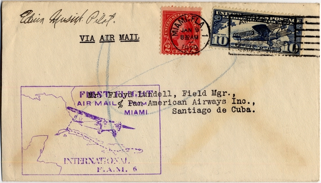 Airmail flight cover: First airmail flight, FAM-6, Miami - Santiago, Cuba, Edwin C. Musick