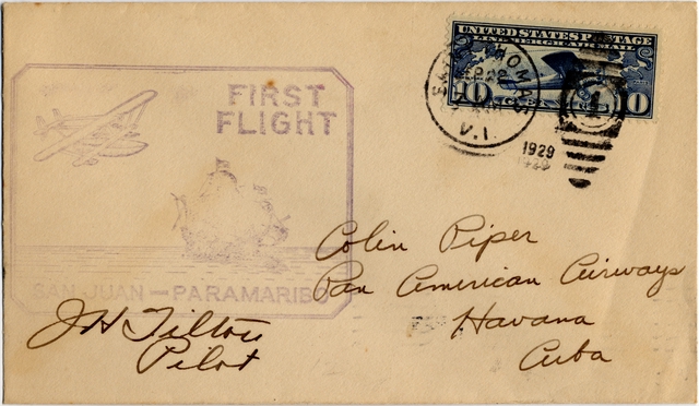 Airmail flight cover: First flight, San Juan - Paramaribo route, J. H. Tilton